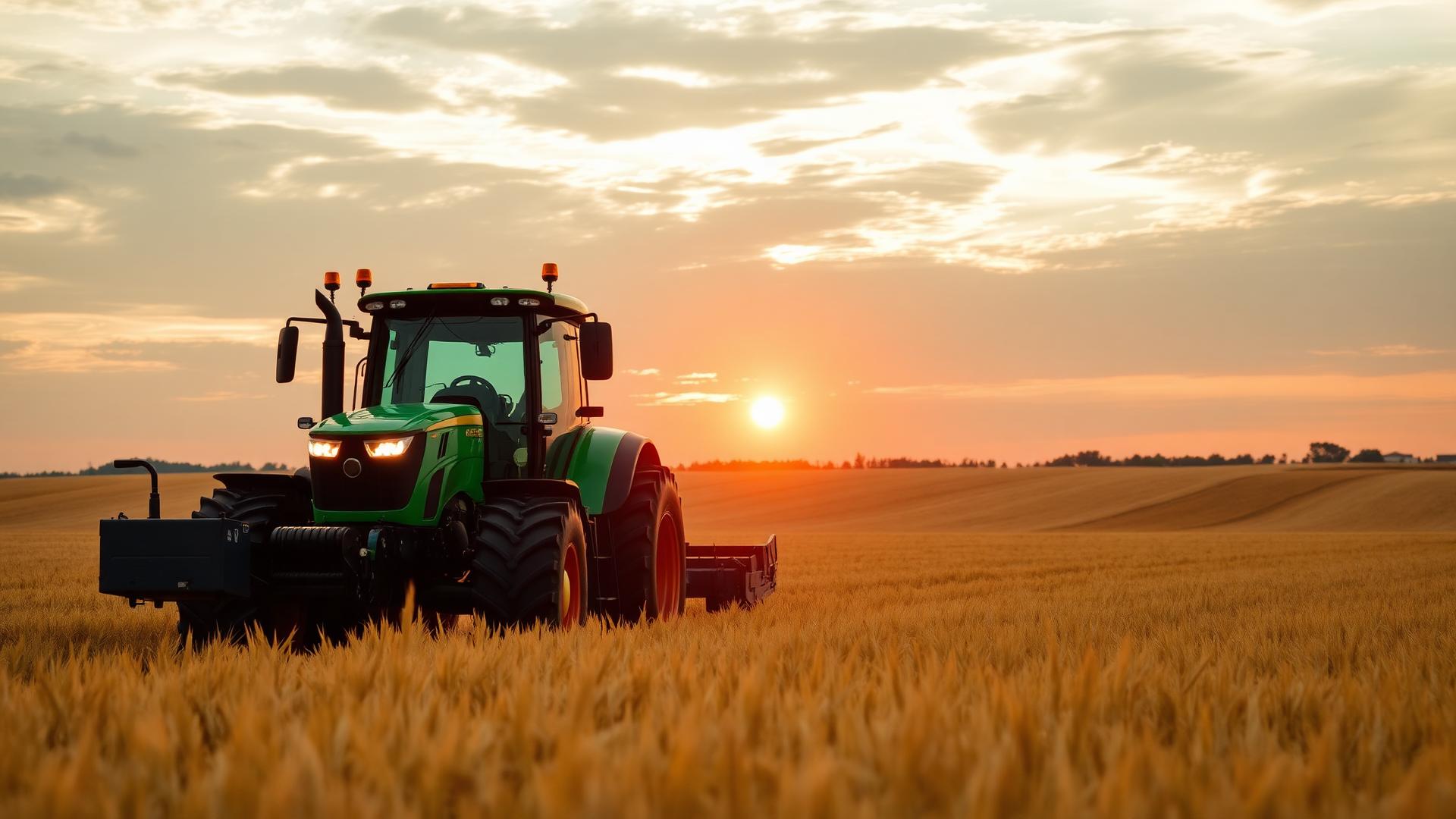 Modern green tractor working at sunrise